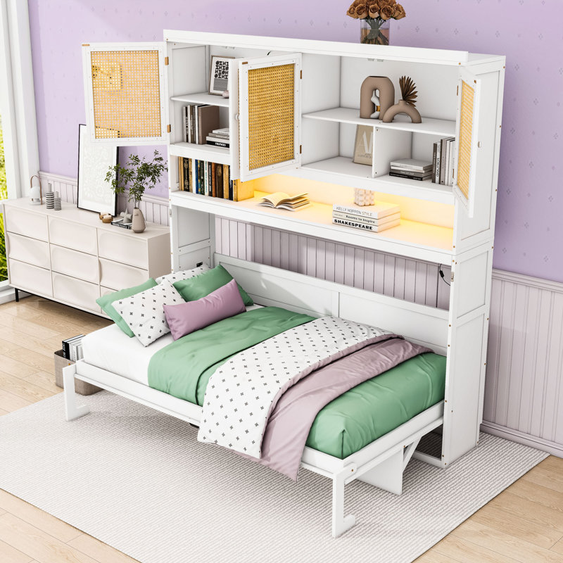 Lit escamotable simple avec armoires, éclairage DEL et ports de charge, Blanc