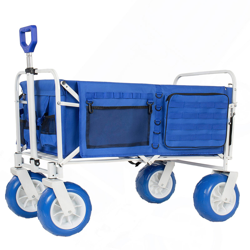 Chariot de plage robuste avec hayon rabattable et roues tout-terrain de 23 cm (9 po), chariot utilitaire pliable d'une capacité de 227 kg (500 lb) avec sac isotherme, bleu