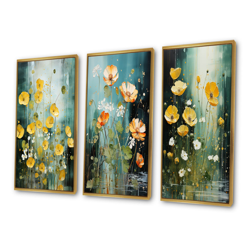 Ensemble de 3 impressions sur toile jaune avec bouton d'or jaune Sunny Beauty, Cadre flottant doré, H 28 po x l 36 po