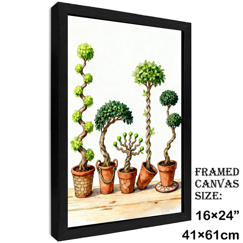 Reproduction d'art encadré noir avec quatre plantes de bonsaï de différentes formes, H 25 po x l 17 po