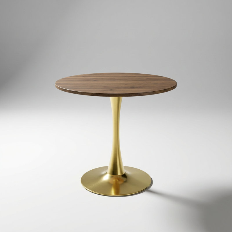 Round Pedestal Dining Table with Thickened Tabletop and Metal Base for Small Spaces, Kitchen, and Living Room, Walnut, Gold