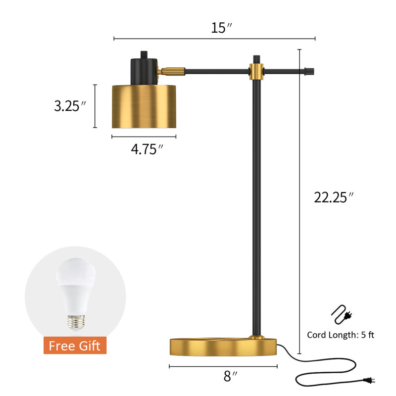 22.2 "metal gold reading desk lamp with matte black finish, featuring Nordic, modern, and minimalist design