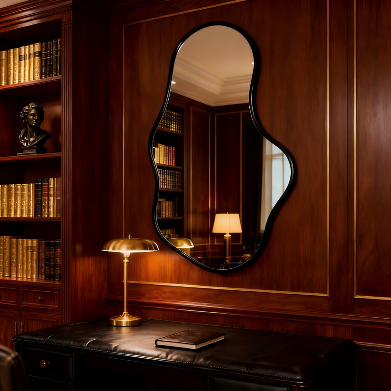 Miroir moderne de forme irrégulière avec cadre noir, verre HD incassable, conception à suspension réversible, Noir