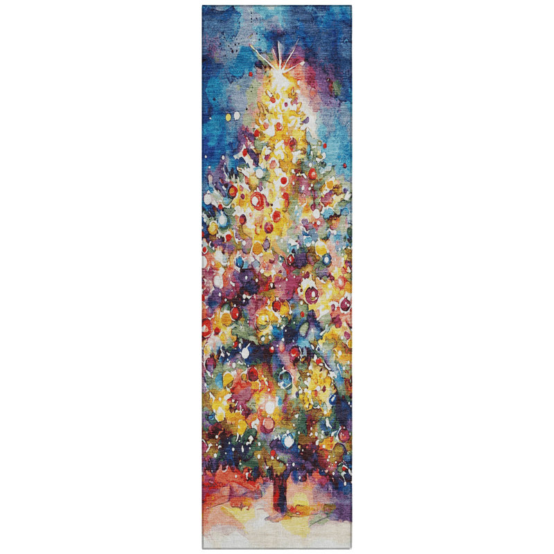 Machine Washable Indoor/Outdoor Christmas Tree Xhevrie Navy Rug, Runner 2'3" x 7'6"