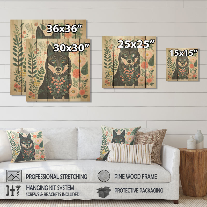 Pink And Green Boho Wolf Portrait I - Wolf Animal On Wood Print, 15" H x 15" W