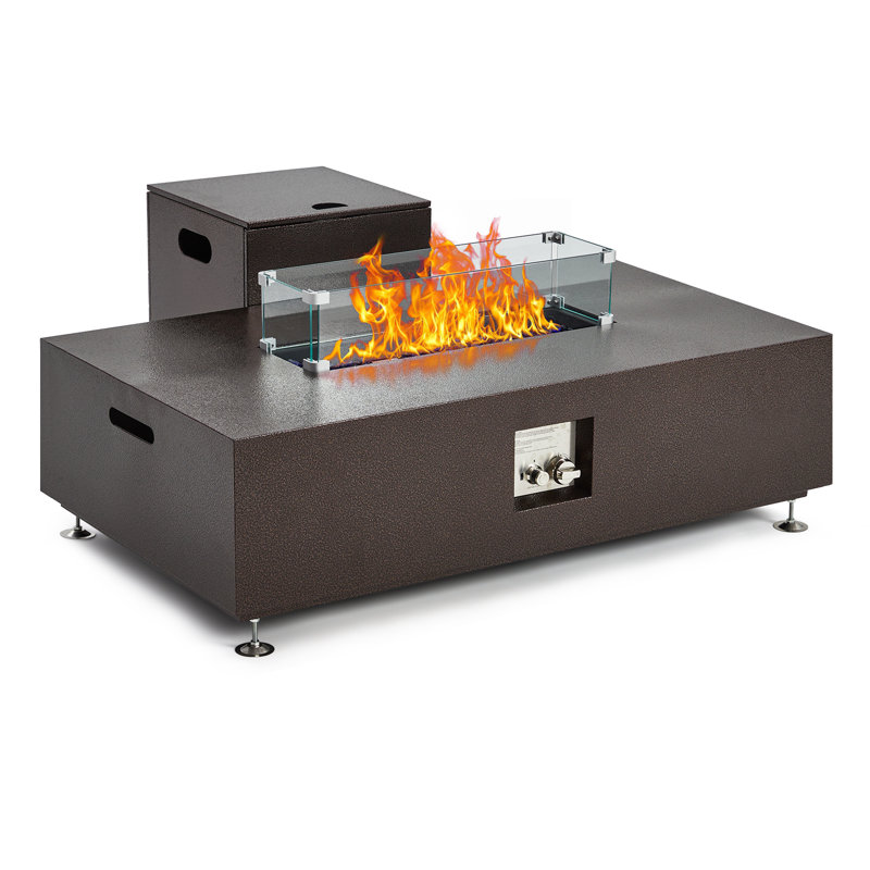 48" Outdoor Fire Table, 48 inch Rectangle Propane Gas Fire Pit Table, 50,000 BTU Modern Firepit with 16 inch Tank Cover Side Table, Wind Guard, Fire Glass, Rain Cover