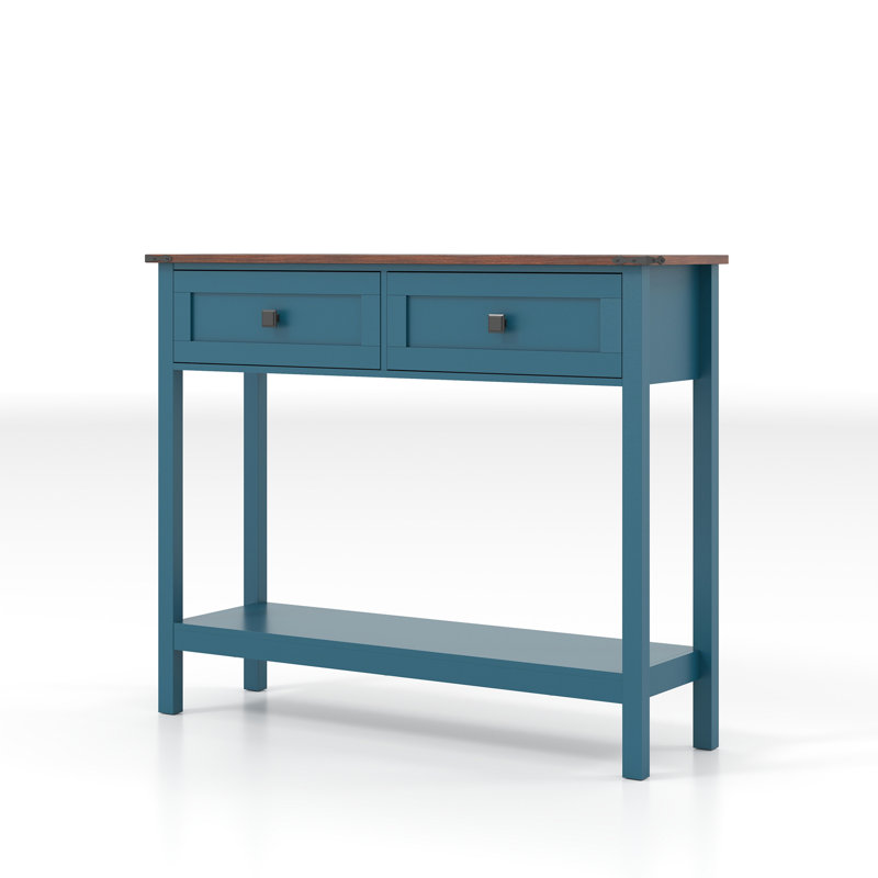 Farmhouse Style Console Table with 2 Drawer and Bottom Storage Shelf for Entryway, Rustic Side Table with Storage Drawer and Shelf for Living room, Hallway(Pagoda Blue)
