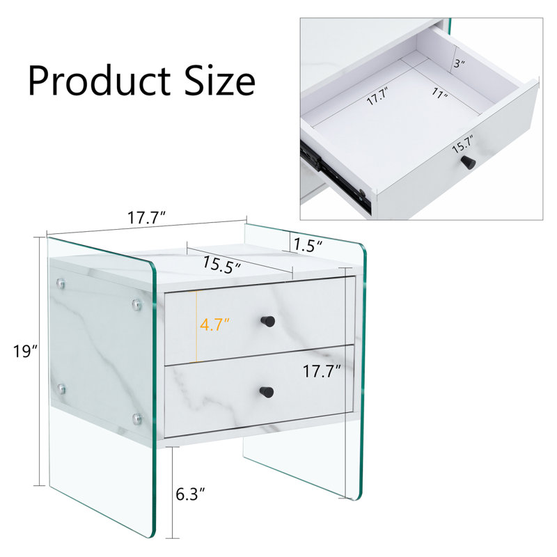 Double-Drawer Bedside Table. The Board Surface Is MDF With Wood Grain Sticker, And Both Sides Are Transparent Tempered Glass. The Design Is Simple And Elegant, With Excellent Storage Functions.