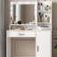Bureau de coiffeuse avec miroir et lumière, commode de rangement à trois niveaux avec grand tiroir, 3 modes d'éclairage à luminosité réglable, coiffeuse de chambre à coucher