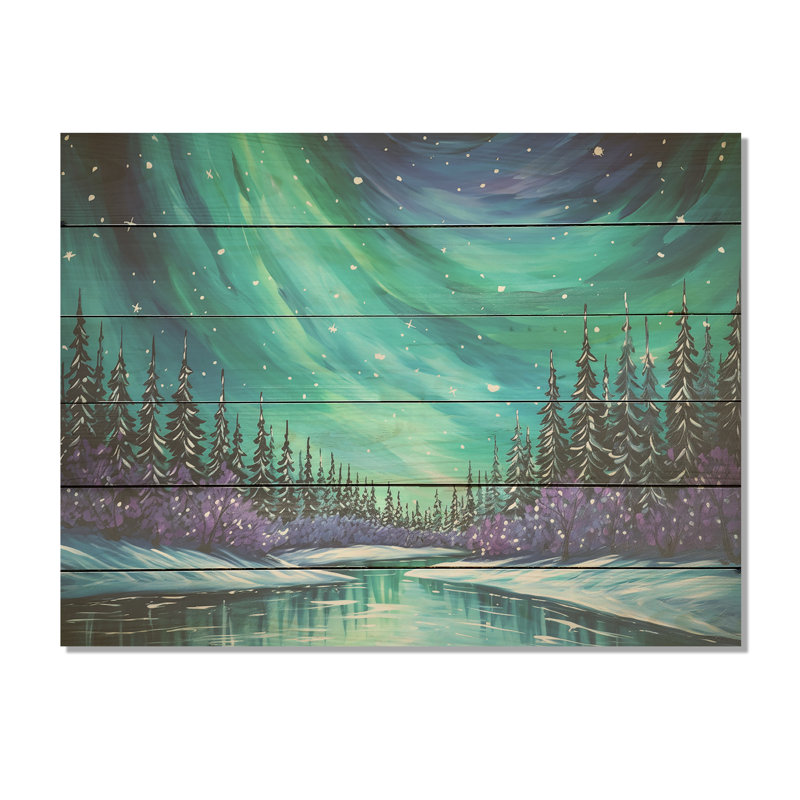 «Green Northern Lights Winter Charm I», art sur bois de pin naturel, H 30 po x l 40 po