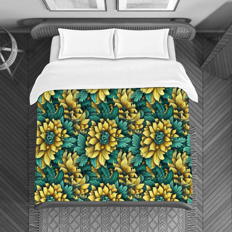 Housse de couette , Floral jaune / vert, Housse de couette pour grand lit