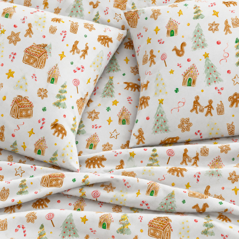 100% Turkish Cotton Flannel Christmas Sheet Sets, Queen Sheets with 2 Pillowcases, Gingerbread Lane
