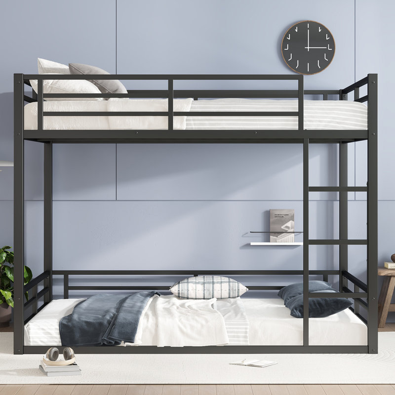 Shared Bedroom Twin Over Full Metal Floor Bunk Bed Frame, Heavy Duty Low Profile Bunk Bed With Guardrails For Kids, Teens, Adults, Noise-reducing Space-saving Design, Black