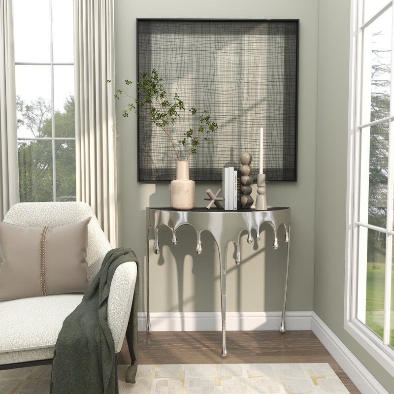 Moderna Aluminum Metal Abstract Crescent Drip Living Room Console Table with Melting Designed Legs and Shaded Glass Top