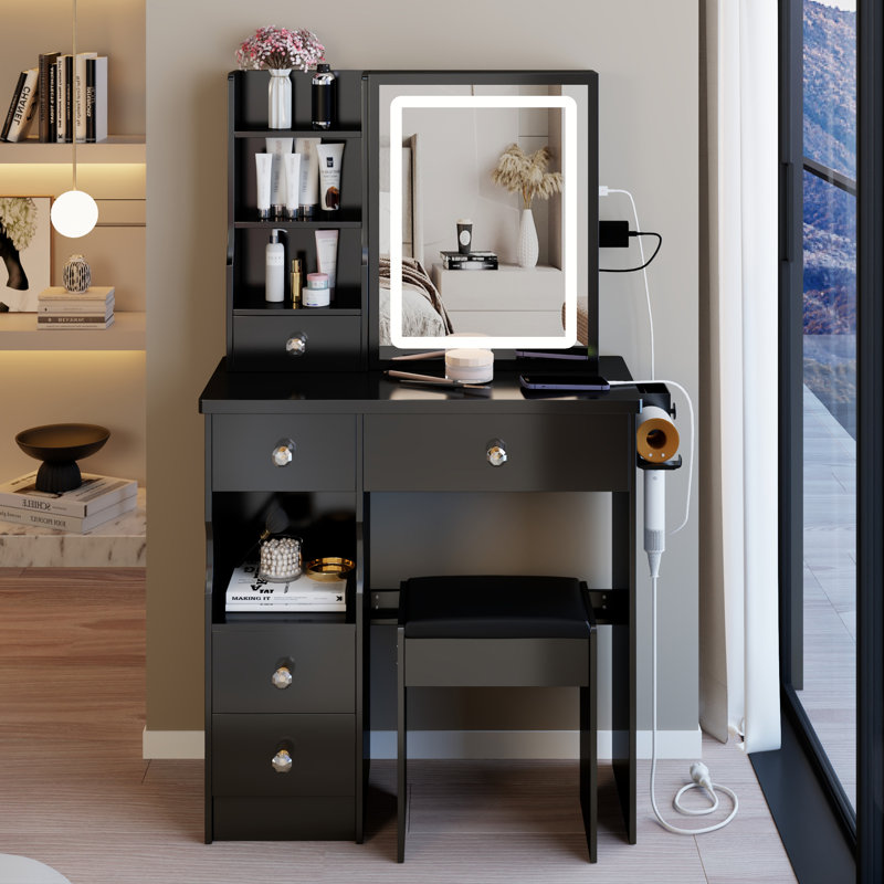 Petit meuble-lavabo 29,2 po avec tabouret de bureau et tabouret, Noir