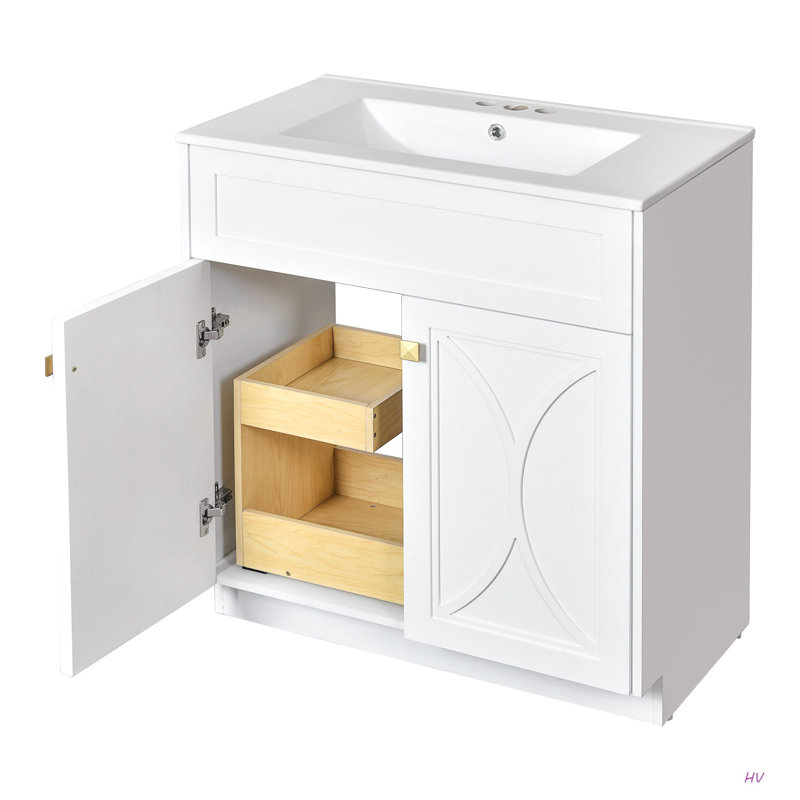 Meuble-lavabo 30 po avec lavabo en céramique, armoire de rangement autoportante moderne avec poignées dorées, portes à fermeture douce