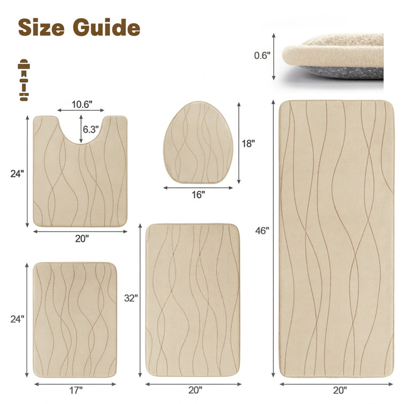 5 Piece High Absorb 25D Memory Foam Bathroom Rug Set with Non-Slip Backing, Light Beige