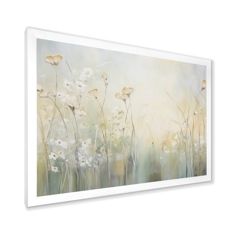 «Green Beige Serene Meadows I», reproduction d'art sur toile, H 12 po x l 20 po x P 1 po, Cadre simple blanc
