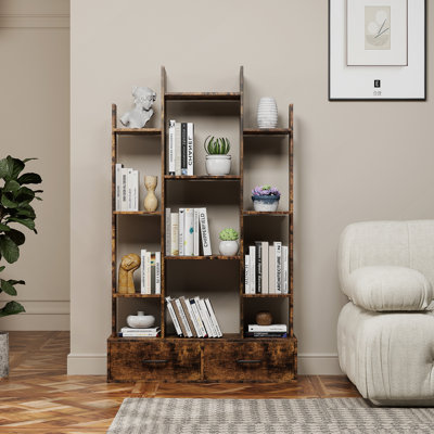 Bookshelf With 2 Drawers, Industrial Freestanding Open Display Shelving, Vintage Open Bookcase, 12 Storage Shelves, Book Case For Bedroom, Living Room, Home Office, Rustic Brown