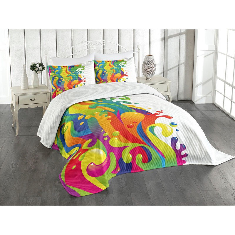 Psychedelic Rainbow Splash Queen Bedspread Set in White