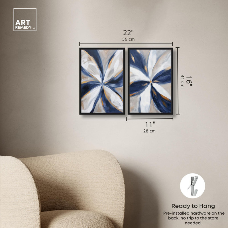 «Blue Blossom», ensemble de 2 toiles abstraites de luxe par Art Remedy, H 15 po x l 10 po, Cadre flottant noir