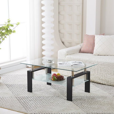 Modern Black Tempered Glass Coffee Table, 39.4”W x 21.7”D x 17.7”H, Rectangular Coffee Table with Lower Storage Shelf