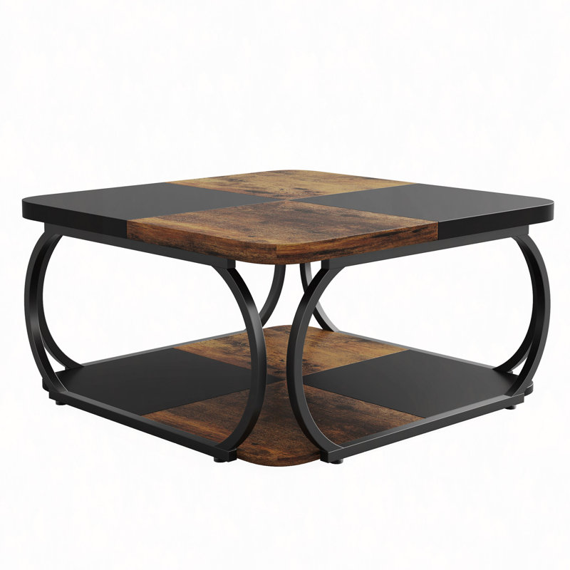 Table basse carrée de 39 po avec tablette de rangement - Table basse de ferme moderne à 2 niveaux avec structure incurvée en métal robuste, table basse centrale pour le salon