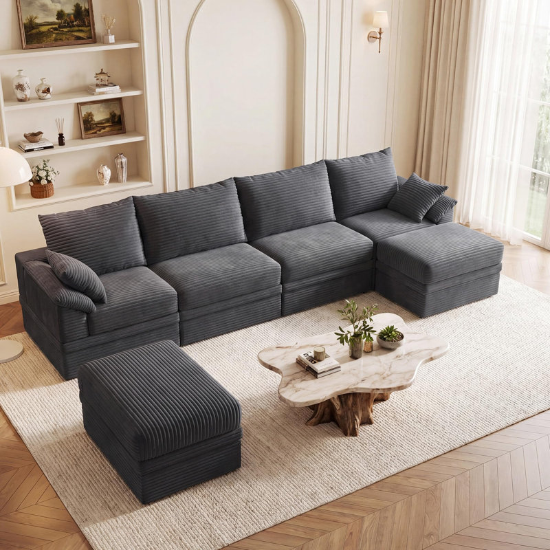 Canapé modulaire en U 142 po avec méridienne et rangement en velours côtelé de 142 po, Gris