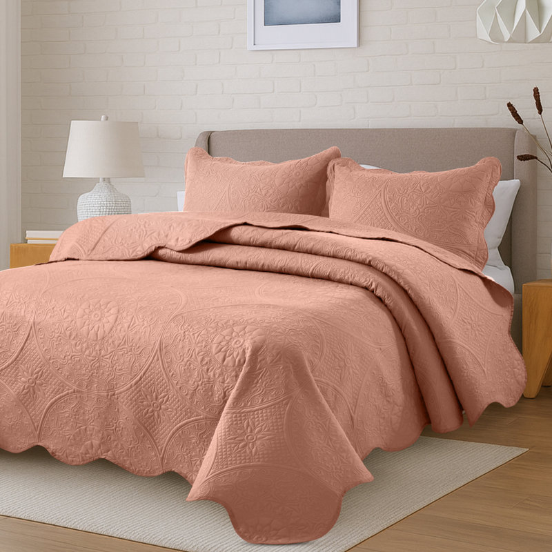 Floral Embossed Quilted Bedspread Set, Oversized and Lightweight Bedding Set with Pillow Shams, Peach