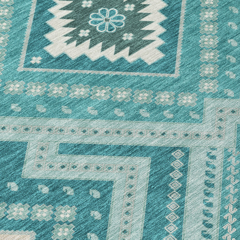 Teal Round Synthetic Flat Woven Washable Rug, 8'