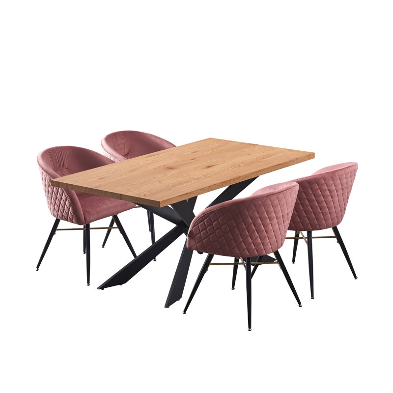 Akiria 4 Person Dining set - a Rectangular Wooden Dining Table with Metal Legs and a Set of 4 Quilted Velvet Dining Chairs for Dining Room - Modern Dining Table Set