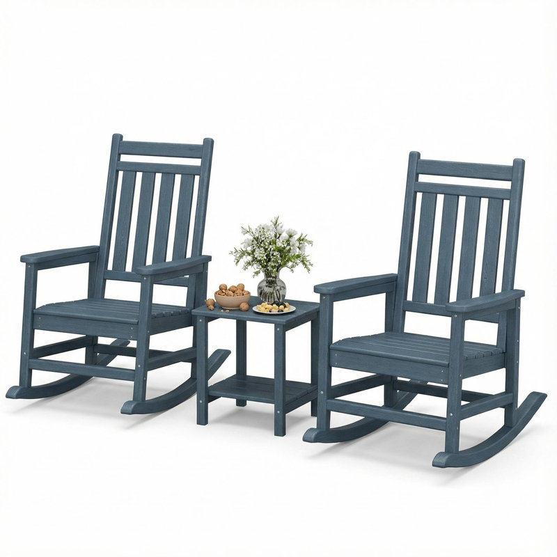 Set of 2 Outdoor HDPE Adirondack Rocking Chairs with 2-Tier Side Table, High-Back Poly Lumber Porch Rockers for Adults, All-Weather Patio Furniture