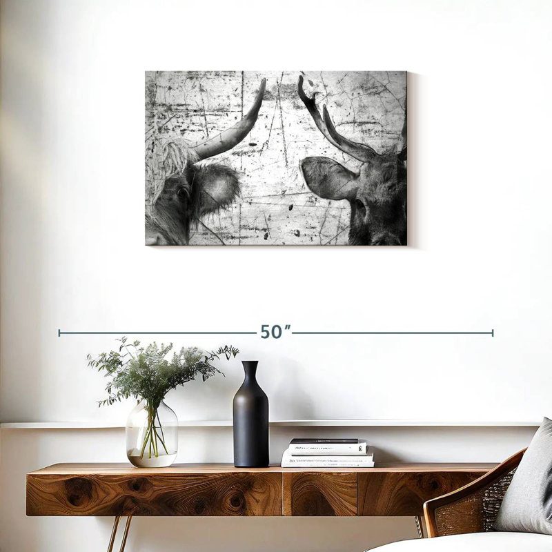 Brampt Cow And Deer Black And White, 20" H x 30" W