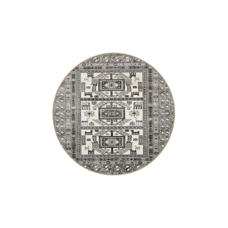 Gray Geometric Modern Washable Cotton Decorative Carpet, Round 5'