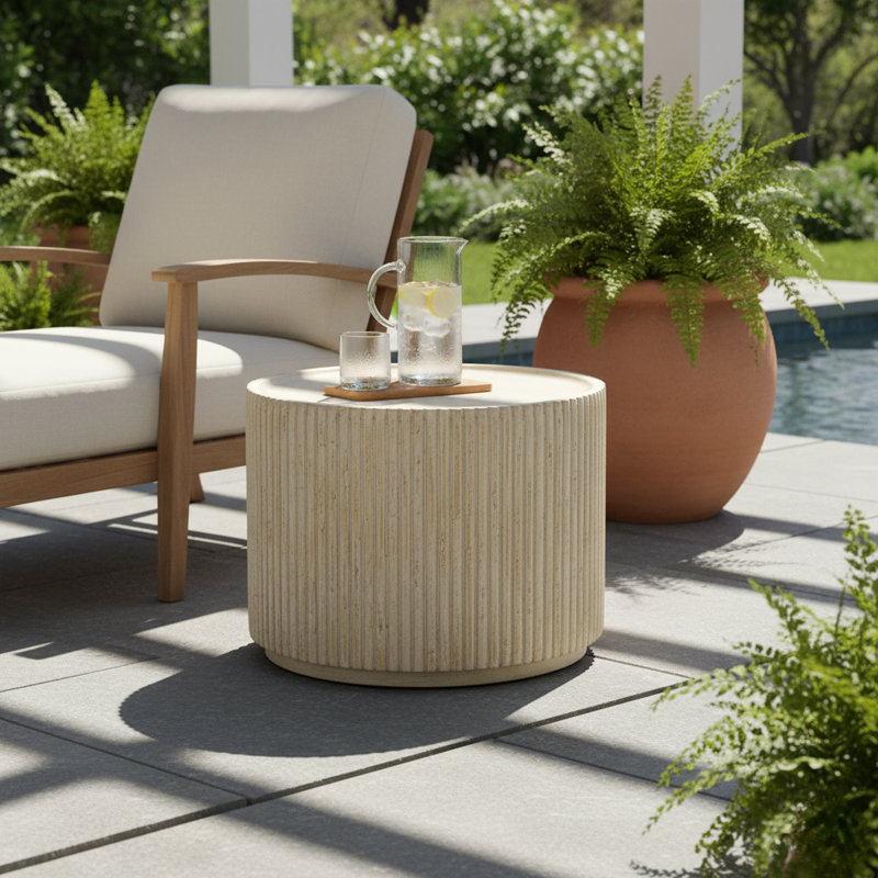 Calvera 23.5" Round Fluted Magnesium Oxide Coffee Table For Indoor And Outdoor Use