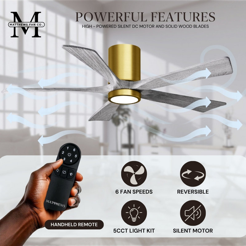 Irene Flushmount Light Kit 5 Blade LED Ceiling Fan, Barn Wood Tone, Brushed Brass, 60"