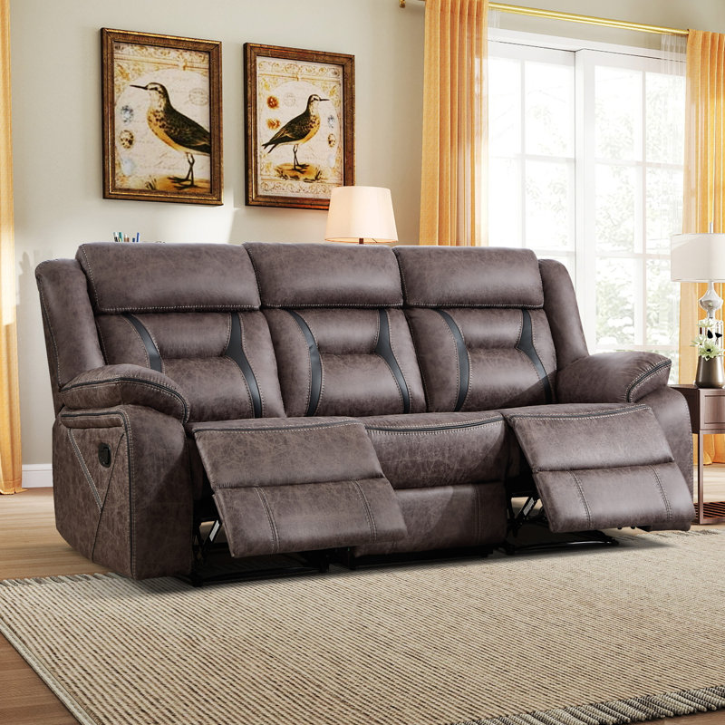84.6'' Wide Modern Soft Breathable Vegan Leather Manual Reclining Sofa With Pillow Top Arms (Set Of 2), Gray