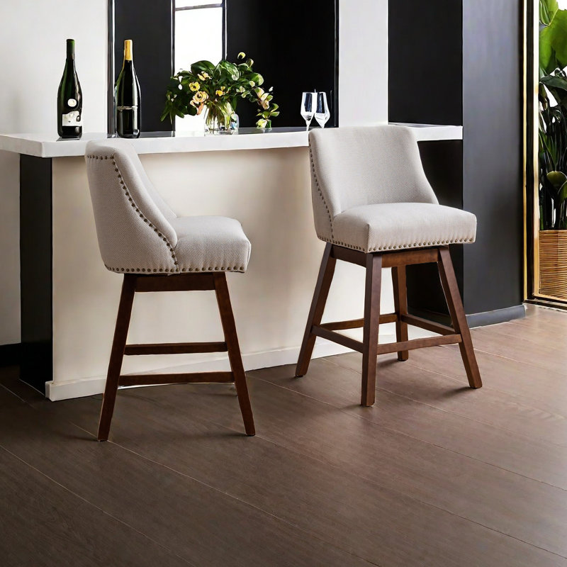 Aveonna Swivel Upholstered Counter Stool with Solid Wood Frame, Ivory