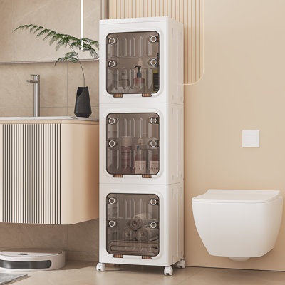 Foldable Vertical Plastic Bathroom Storage Cabinet With Wheels Freestanding Slim Organizer Bins For Small Bathrooms, Laundry, Dorms, And Apartments