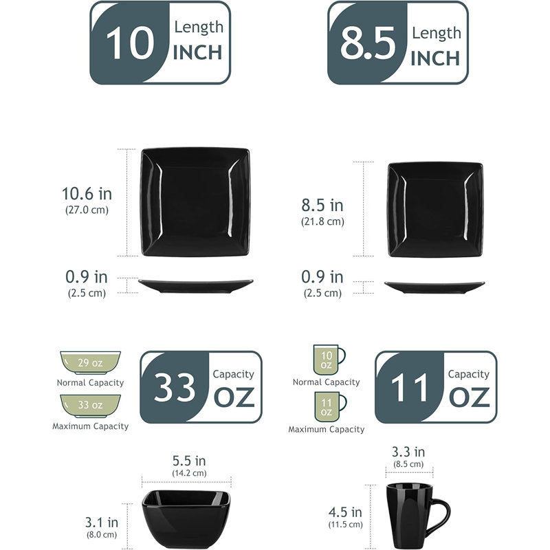 32 Piece Stoneware Dinnerware Set - Service for 8, Black