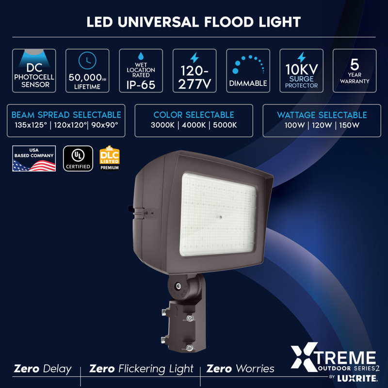 Projecteur à DEL LUXRITE, 100/120 / 150W, 3CCT, jusqu'à 22500LM, monture à crépuscule et à photocellule à crépuscule et à tourelle, gradué IP65 120-277 V, homologué UL