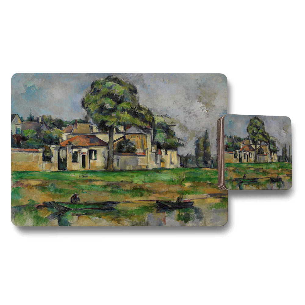 Placemat and Coaster Set with Riverside Village Artwork