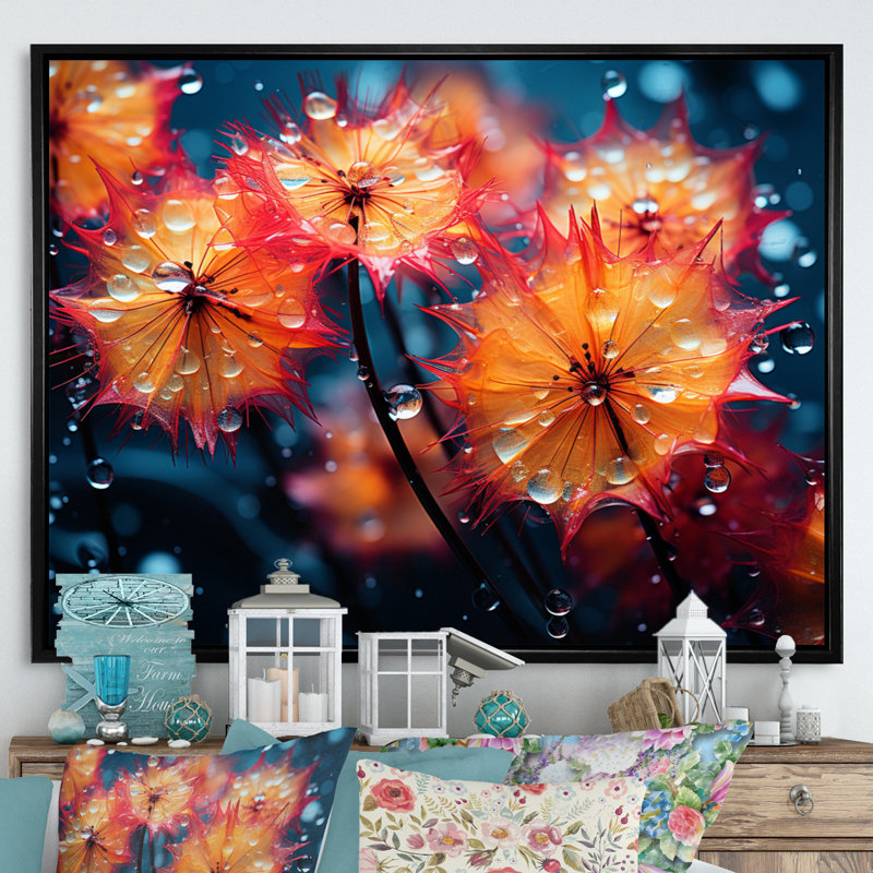 Coral Dandelion Dancing In The Morning - Floral Wall Decor, H 12 po x l 20 po x P 1 po, Cadre flottant noir