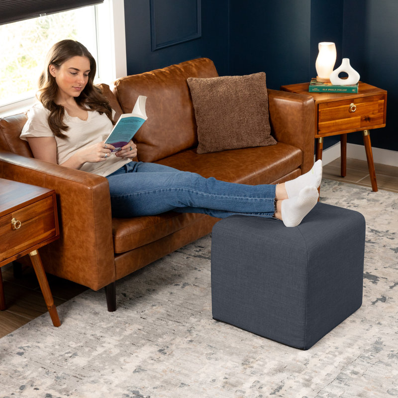 Nashla Monroe Square Foam Ottoman with Stain Resistant Performance Fabric, Blue Denim, 18" H x 18" W x 18" D