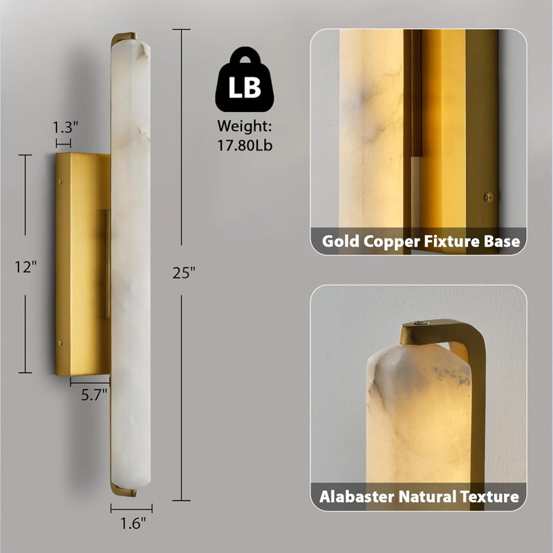 Applique murale à DEL à intensité variable avec abat-jour albâtre, Laiton, H 21,6 po x l 4,7 po x P 5,7 po