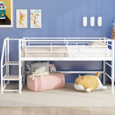 Lit simple mezzanine bas avec escalier pour enfants, structure de lit mezzanine en métal avec marches de rangement pour garçons filles