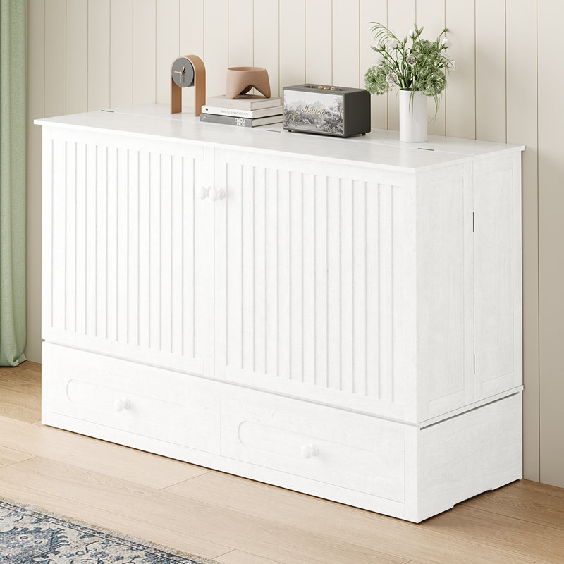 Queen Murphy Bed Cabinet with USB, 2 Drawers & Mattress, White