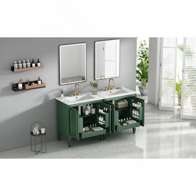 Ensemble de meuble-lavabo 60 po avec lavabo double 60 po, lavabo en céramique, portes à fermeture en douceur avec tablette, tiroir de rangement, vert