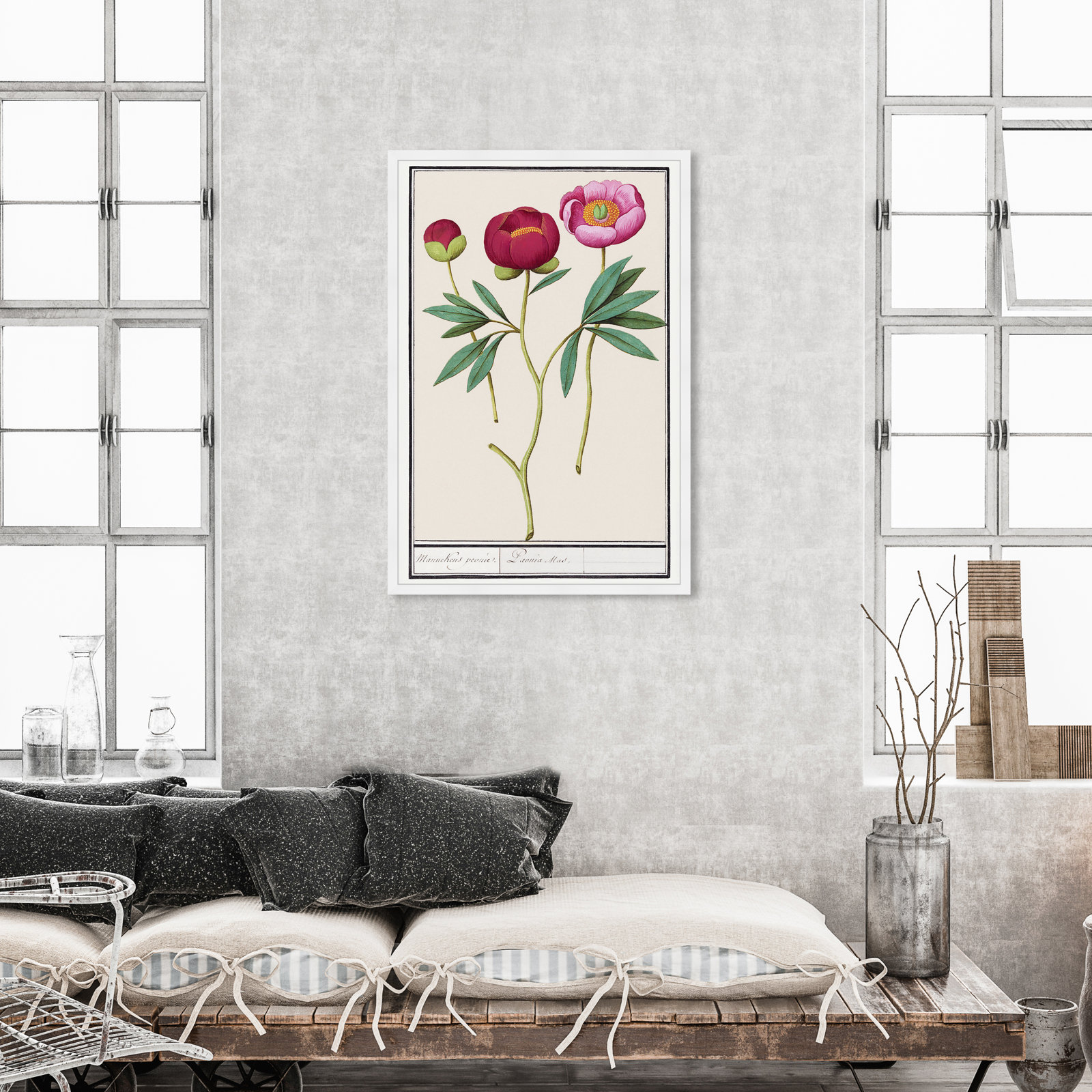 Red and Pink Peony Botanical Study Print, 47" H x 32" W, White