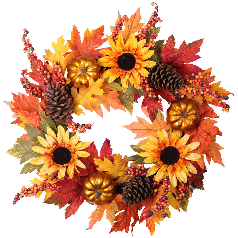 24 Inch Fall Sunflower Wreath with Pumpkins and Pinecones
